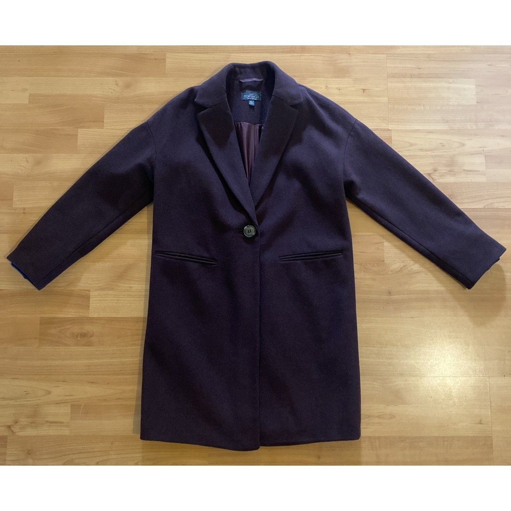 Topshop Women 0P Burgundy Wool Blend Single Button Closure Millie Relaxed Coat‎